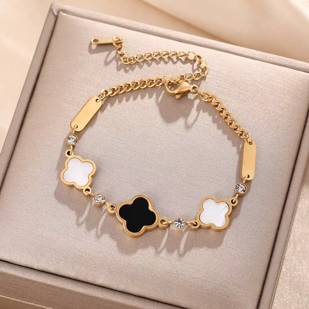 Gelang Titanium Wanita Daun Smanggi Hitam/Putih Anti Karat Tidak Luntur - Bracelets