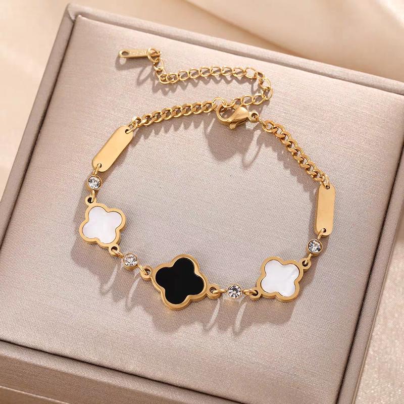 Gelang Titanium Wanita Daun Smanggi Hitam/Putih Anti Karat Tidak Luntur - Bracelets 1