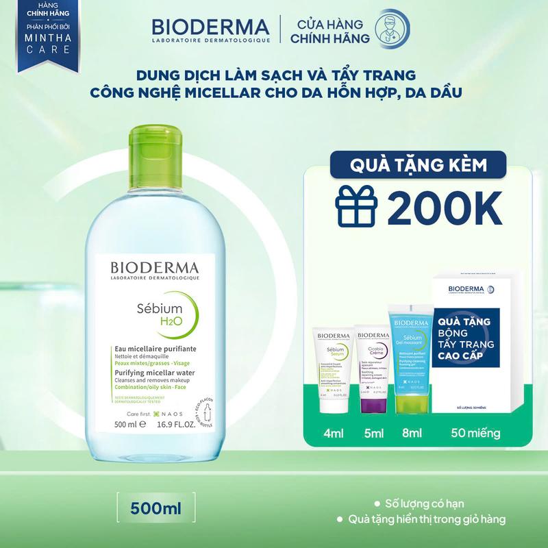 Dung dịch làm sạch và tẩy trang công nghệ Micellar dành cho da hỗn hợp, da dầu Bioderma Sebium H2O 500ml Mỹ Phẩm