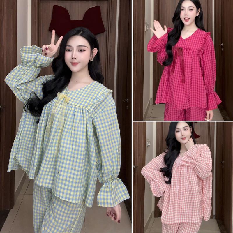 Set bộ babydoll đũi caro may bèo tiểu thư - Set bộ đồ nữ kẻ caro áo dài quần dài dáng rộng