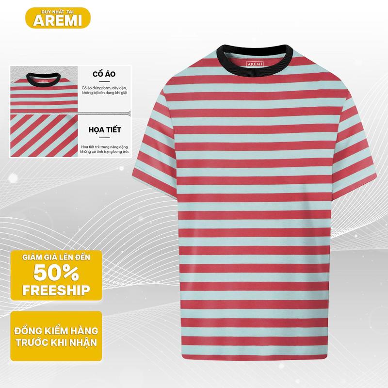  Áo thun nam tay ngắn cổ tròn AREMI chất liệu cotton co giản thoáng mát thiết kế sọc đơn giản trẻ trung ATS0023 