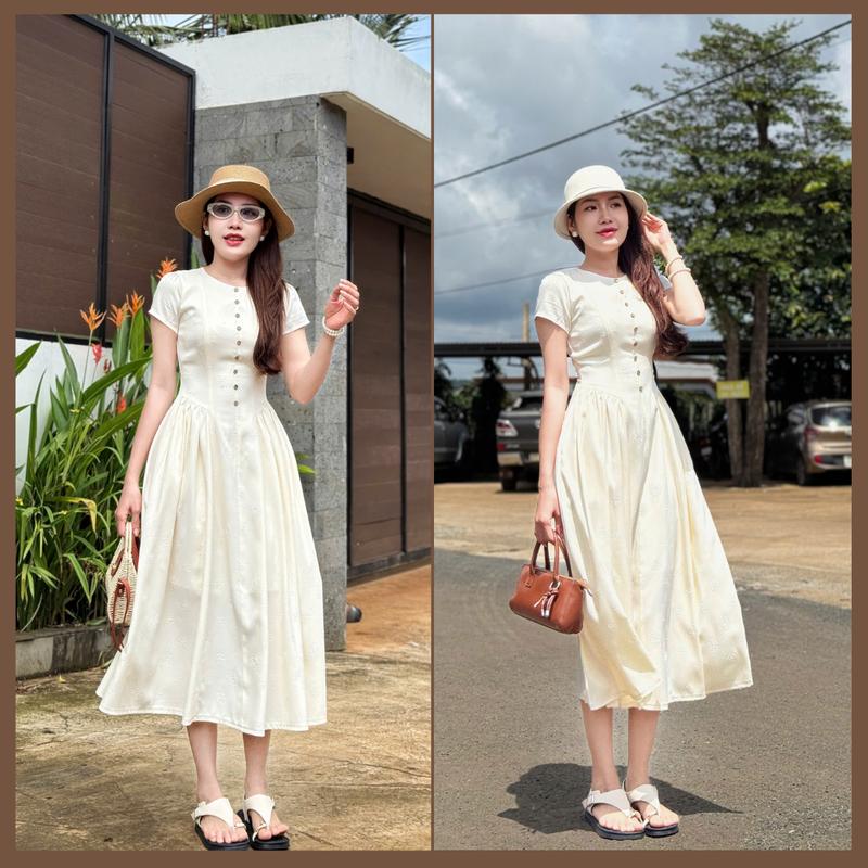 Cindy - Đầm Dự Tiệc Cổ Tròn 2 Lớp Tùng Xoè Dáng Dài Qua Gối Chất Cotton Ép Hoa Dày Dặn Mềm Mại Co Giãn Nhẹ - Women Dress