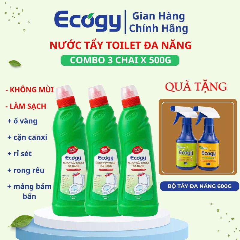 ECOGY ; COMBO 3 chai Nước tẩy Toilet đa năng 500g chai + QUÀ TẶNG Bộ tẩy đa năng 600g 2 chai - Làm sạch vết ố cặn canxi rỉ sét mảng bám bẩn bám chặt trên bồn cầu chậu rửa mặt vách kính gương soi sàn gạch men và tường gạch trong nhà tắm