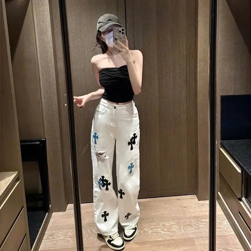 Quần jean suông trắng họa tiết chữ thập cá tính, Quần ống rộng trắng chrome hot hit (HC70)