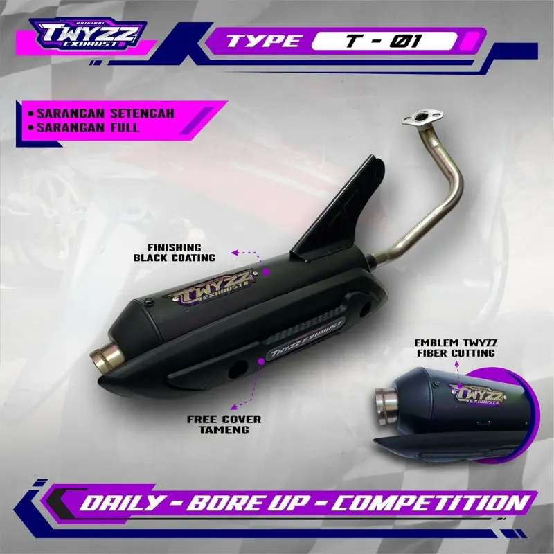 Knalpot Standar Racing TWYZZ EXHAUST Type T-01 Motor Beat Vario Mio Pcx Nmax Scopy Aerox Lexy Xeon Spin125Skywave Hayate SkyDrive Suara Ngebas Adem Gahar Finishing Black Coating Motorcycle