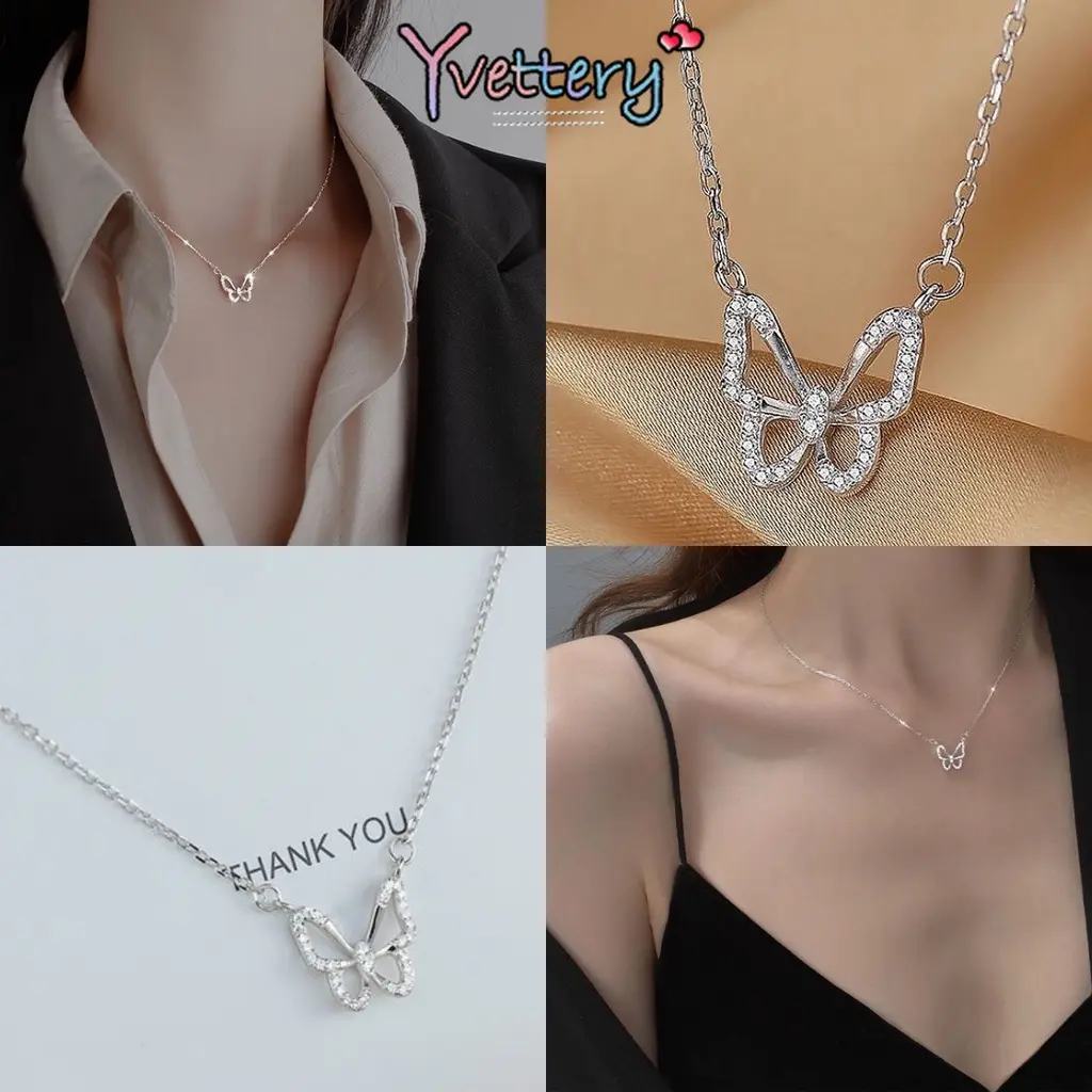 COD❤️Kalung Rantai Desain Kupu-Kupu Gaya Untuk Wanita Korea Hollow Hias Berlian Emas Perak Sederhana Aksesoris Fashion Hadiah