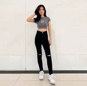 Celana Haighwaist Jeans Sobek Lutut  Celana Haighwaist Jeans Ripped Bahan Tebal Melar