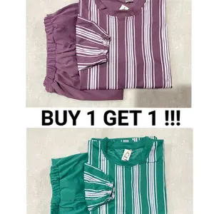Valentfashion88 BUY 1 GET 1 !!! Setelan Wanita Jumbo PP GARIS LIST PUTIH Baju Crepe Panjang 70 CM Celana 89 CM Motif Casual BUY 1 GET 1