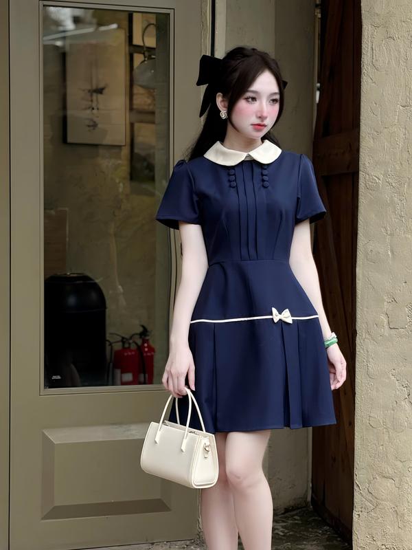 B104 - Đầm Thiết kế Cổ Sen dáng ngắn phối Nút Bọc tùng váy xếp ly tiểu thư thanh lịch trẻ trung Mijustore