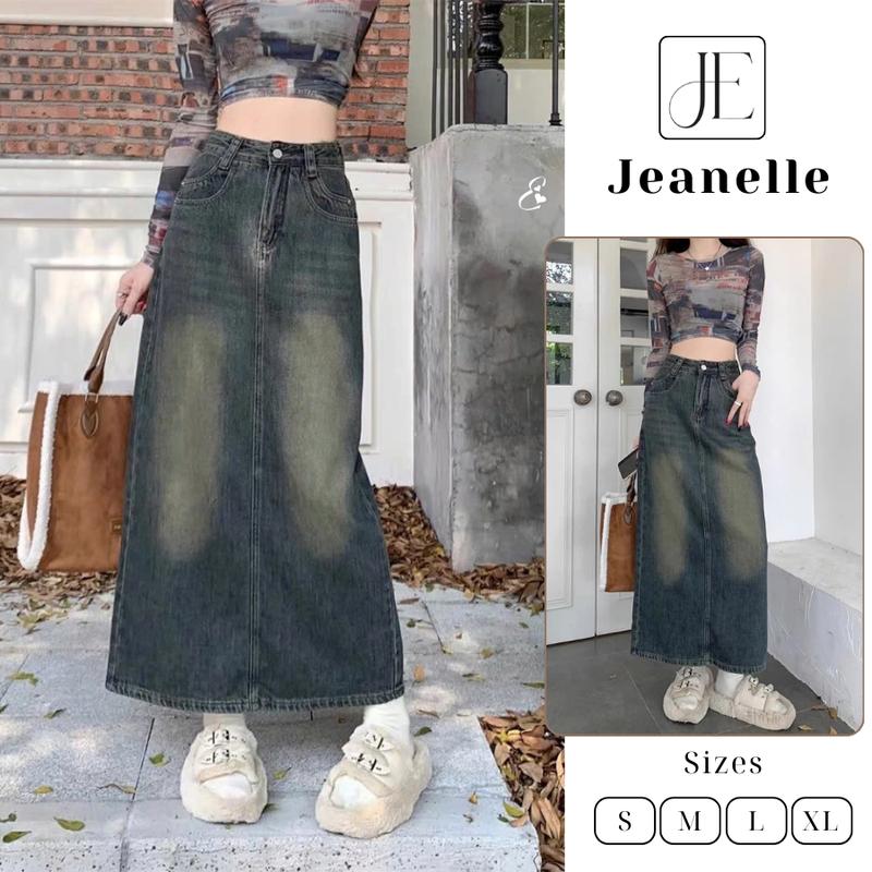 Chân váy jeans dáng dài màu jeans trendy dáng chữ A che khuyết điểm, V17 Jeanelle Store
