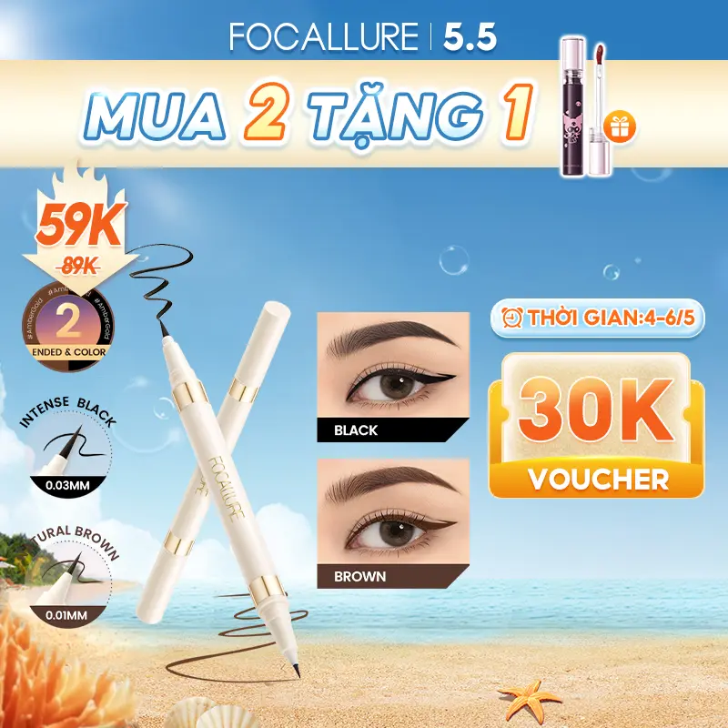 【 Voucher 30K 】Bút kẻ mắt dạng lỏng FOCALLURE 2 đầu trong 1 khô nhanh chống nước không nhòe màu đen nâu