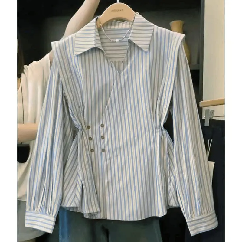 Design Sense Irregular Cinched Slim Striped Spring and Autumn Women's Fashionable New Temperament Long Sleeve Shirt