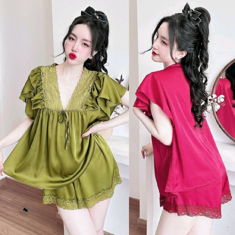 Đồ Ngủ Pyjama Tiểu Thư Tay Ngắn Quần Đùi Cổ Ren V Freesize 45kg đến 70kg Lụa Latin mềm mại Hàng thiết kế mặc nhà sang trọng