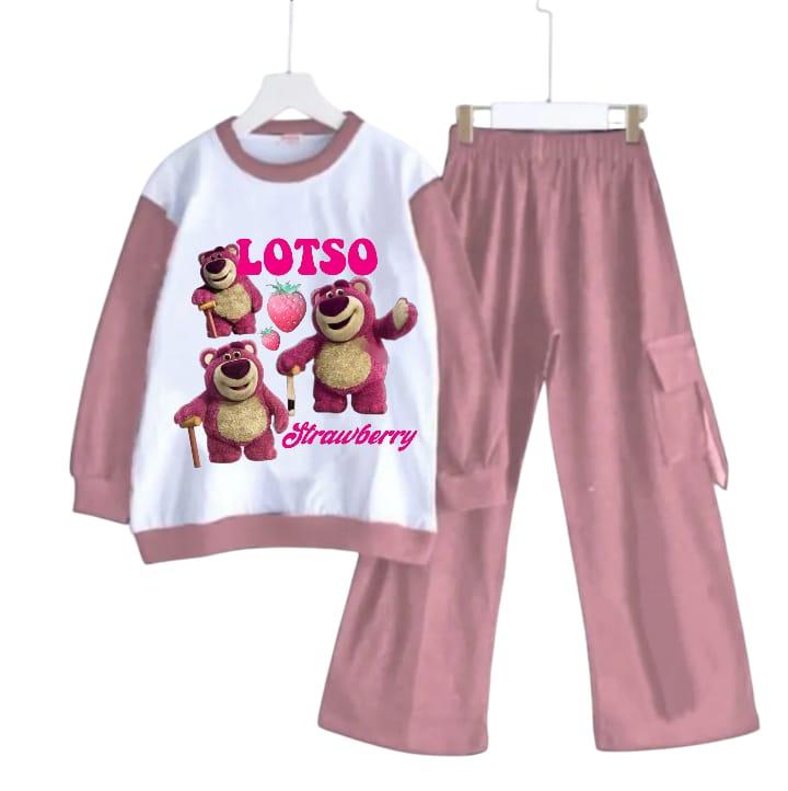 Setelan anak celana cargo karakter Lotso Bear Strawberry bahan crinkle kekinian setelan kaos panjang anak perempuan setelan  anak Setelan Baju 0