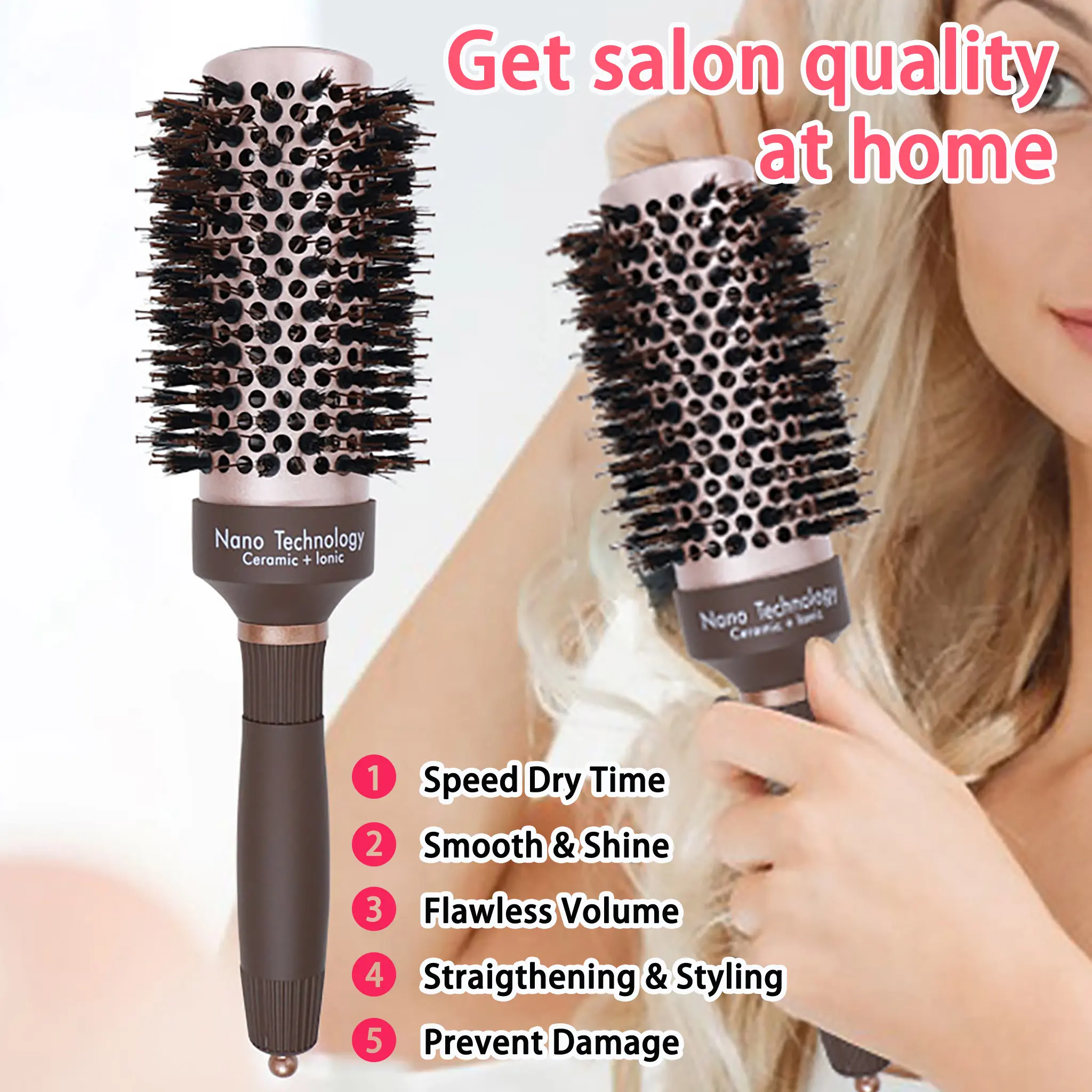 Round Barrel Hair Brush, 3 in 1 Ceramic & Ionic Bristle Round Barrel Hair Brush, Round Hair Brush for Women & Men ,Professional Styling, Blow Drying, Curling with Boar Bristle Brush & Scalp Comb