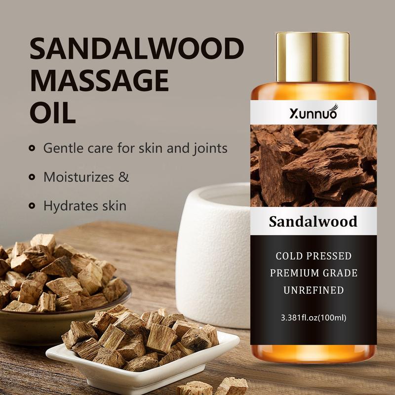 Product Introduction of 3.381fl.oz Sandalwood body massage essential oil, facial essential oil, rich sandalwood extract, moisturizing skin, use after massage, bath, diffuser humidifier, meditation and relaxation, 3
