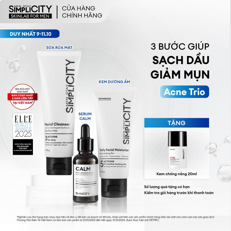 Combo chăm da dầu mụn cho nam Men Stay Simplicity Acne Relief Skincare Trio giảm mụn an toàn gồm: Sữa rửa mặt 100g, Serum Calm 30ml & Kem dưỡng ẩm 80g