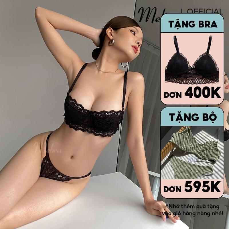 Bộ quần áo lót nữ quả ngang quần dây ren hoa có gọng Mebra  Đen