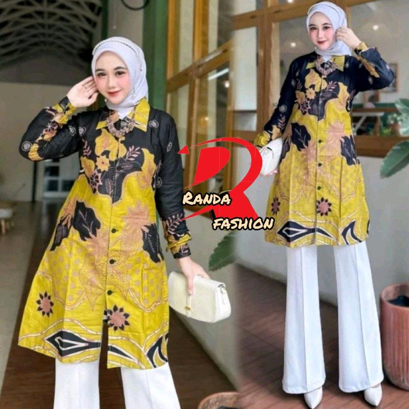 Tunik batik modern Tunik wanita motif Tarbaru seragam guru wanita baju atasan tunik kancing depan busui friendly Katun Panjang Dewasa Remaja Kain Kerja Dress Muslim 5