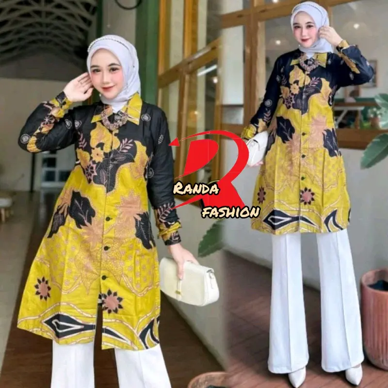 Tunik batik modern Tunik wanita motif Tarbaru seragam guru wanita baju atasan tunik kancing depan busui friendly Katun Panjang Dewasa Remaja Kain Kerja Dress Muslim 5