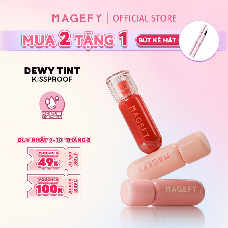 MAGEFY Son Tint Bóng Thủy Tinh Dewy Tint Kissproof 2.5g – Hiệu Ứng Môi Lung Linh, Khóa Màu 60 Giây, Hạn Chế Dịch Chuyển, Dưỡng Ẩm Suốt Ngày – Đi Học, Đi Chơi, Đi Tiệc