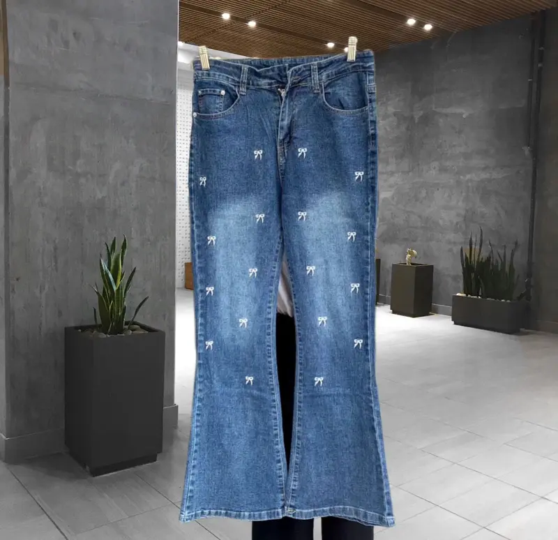 Celana Panjang Wanita Cutbray Jeans High Waist dengan Pita Bordir melar flare pants hip tell loose coquette cutbray wanita remaja xl Dewasa Bawahan 0