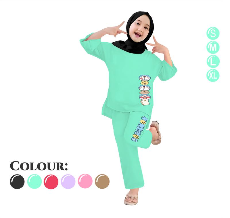 Baju Setelan Anak Perempuan - Pakaian Kaos dan Celana Panjang Anak Cewek Fashion Motif Belah Usia 4-13 Tahun - DORAEMON HEAD 2