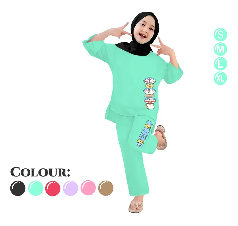 Baju Setelan Anak Perempuan - Pakaian Kaos dan Celana Panjang Anak Cewek Fashion Motif Belah Usia 4-13 Tahun - DORAEMON HEAD 2