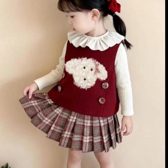   5-18kg   331  Set dạ 3 chi tiết Áo THUN TĂM cổ bèo + gile + chân váy cho bé gái mặc giáng sinh noel Tết xinh xắn đáng yêu 