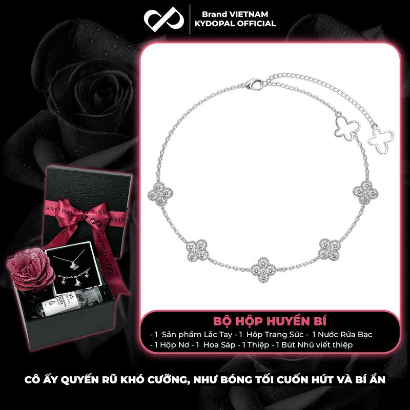  Lắc tay bạc nữ KYDOPAL cỏ bốn lá đính đá năm mặt treo charm hồ điệp cánh trơn - PAL9C3L14 