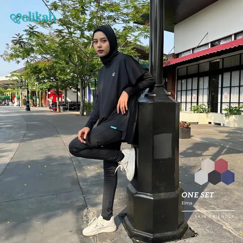 ELIKAH ONE SET Atasan Baju Olahraga Wanita Muslim Oversize ELMA Outer Sport Hijab Kerudung Celana Panjang Hitam Polos Sporty 1