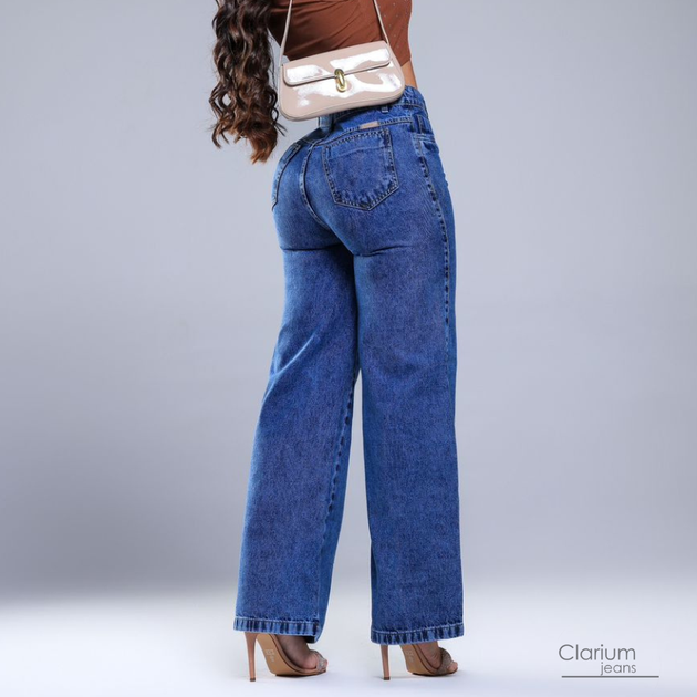 Calça Jeans Feminina Wide Leg 100% Algodão Cintura Alta Premium Marmorizada Pantalona Perna Larga Cós Alto