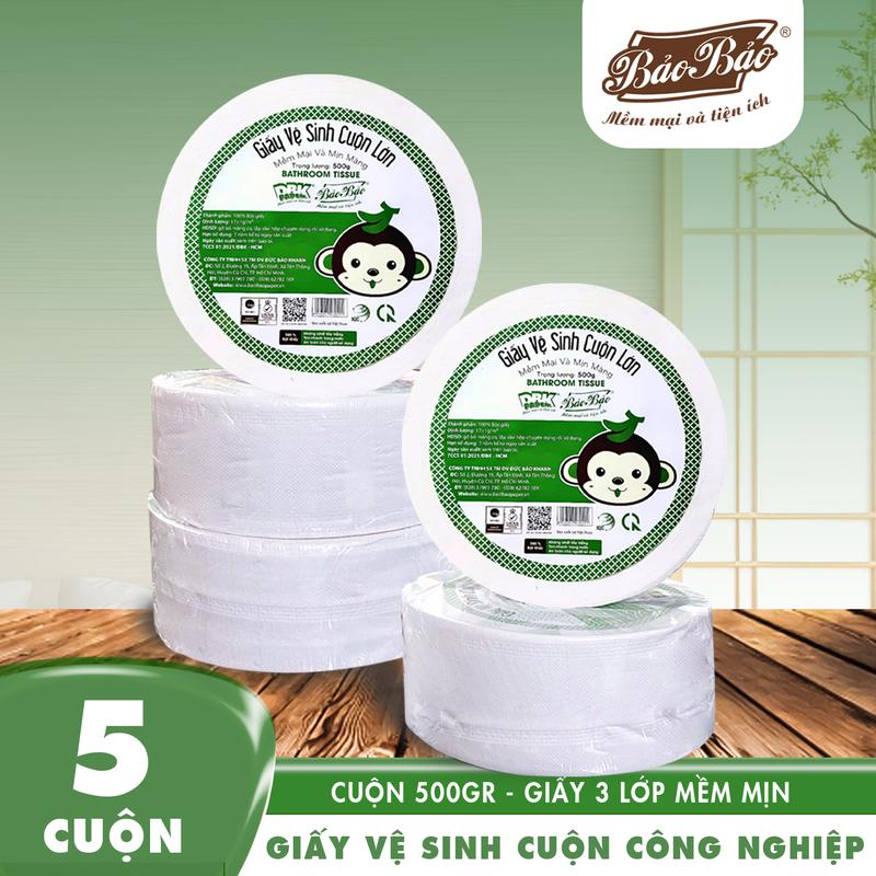 Combo 5 Giấy Vệ Sinh Cuộn Công Nghiệp To Lớn Bảo Bảo Tissue 500g - Mềm Mịn, Không Bụi, Tan Nhanh Trong Nước Vs giấy vệ sinh vinaroll