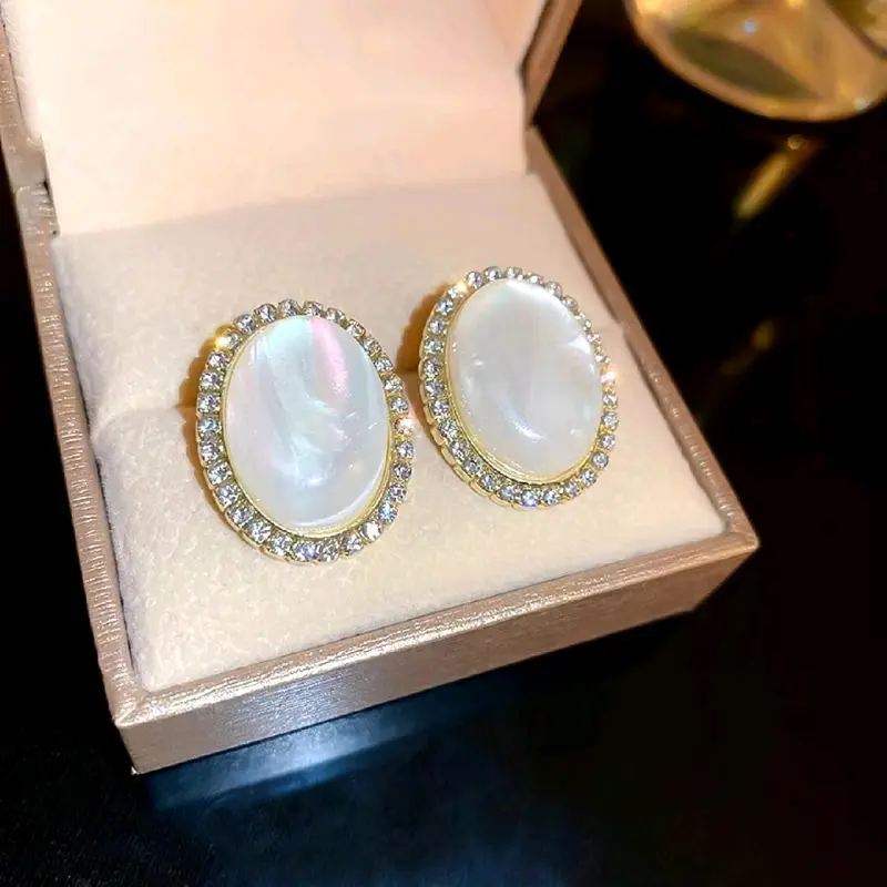 Bree Oval Zircon Stud Earrings Anting Tusuk Resin Model Giok Batu Stone Putih Fashion 5