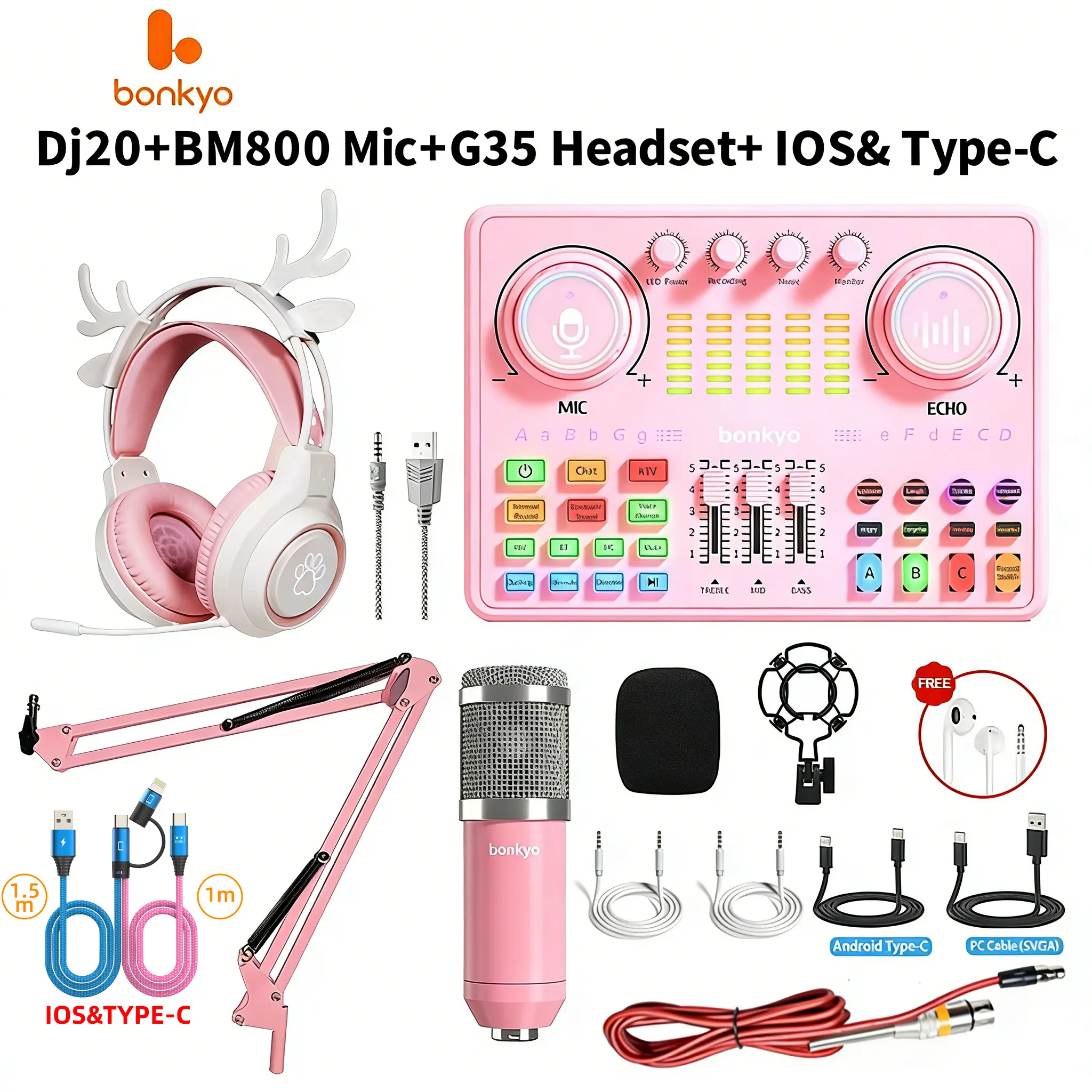 bonkyo DJ20 Soundcard+BM800 Microphone 48V live soundcard set to