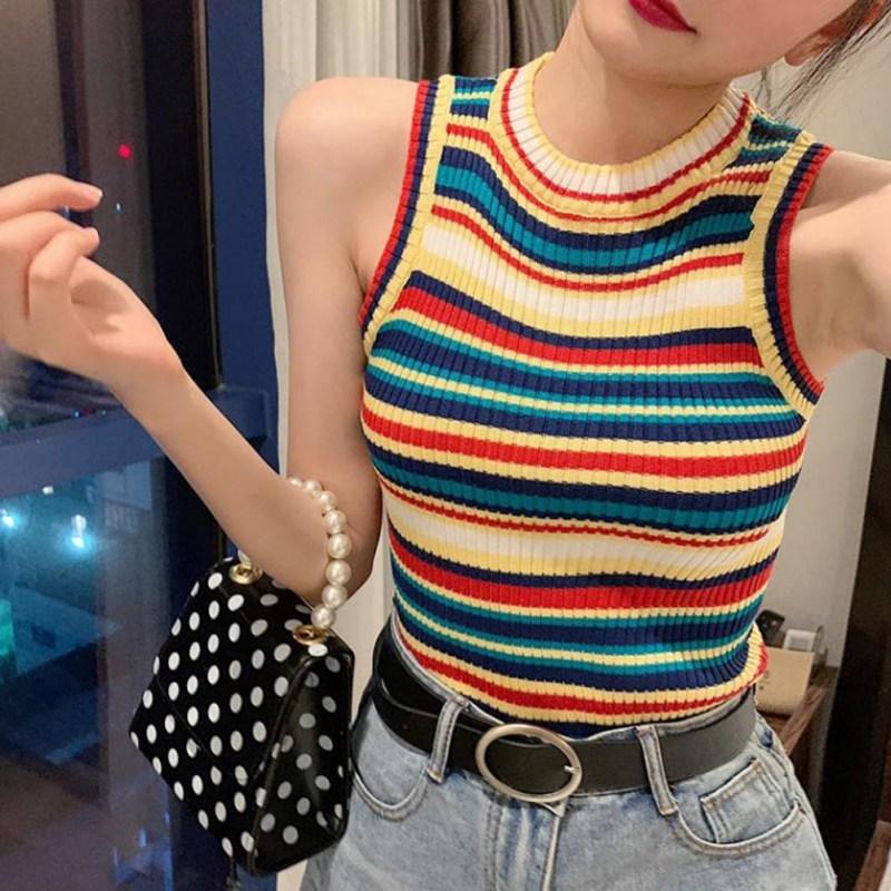 Áo Yếm Cổ Tròn Gợi Cảm Cho Nữ, Áo Vest Dệt Kim Ngắn, Không Tay, In Sọc Tương Phản Cầu Vồng