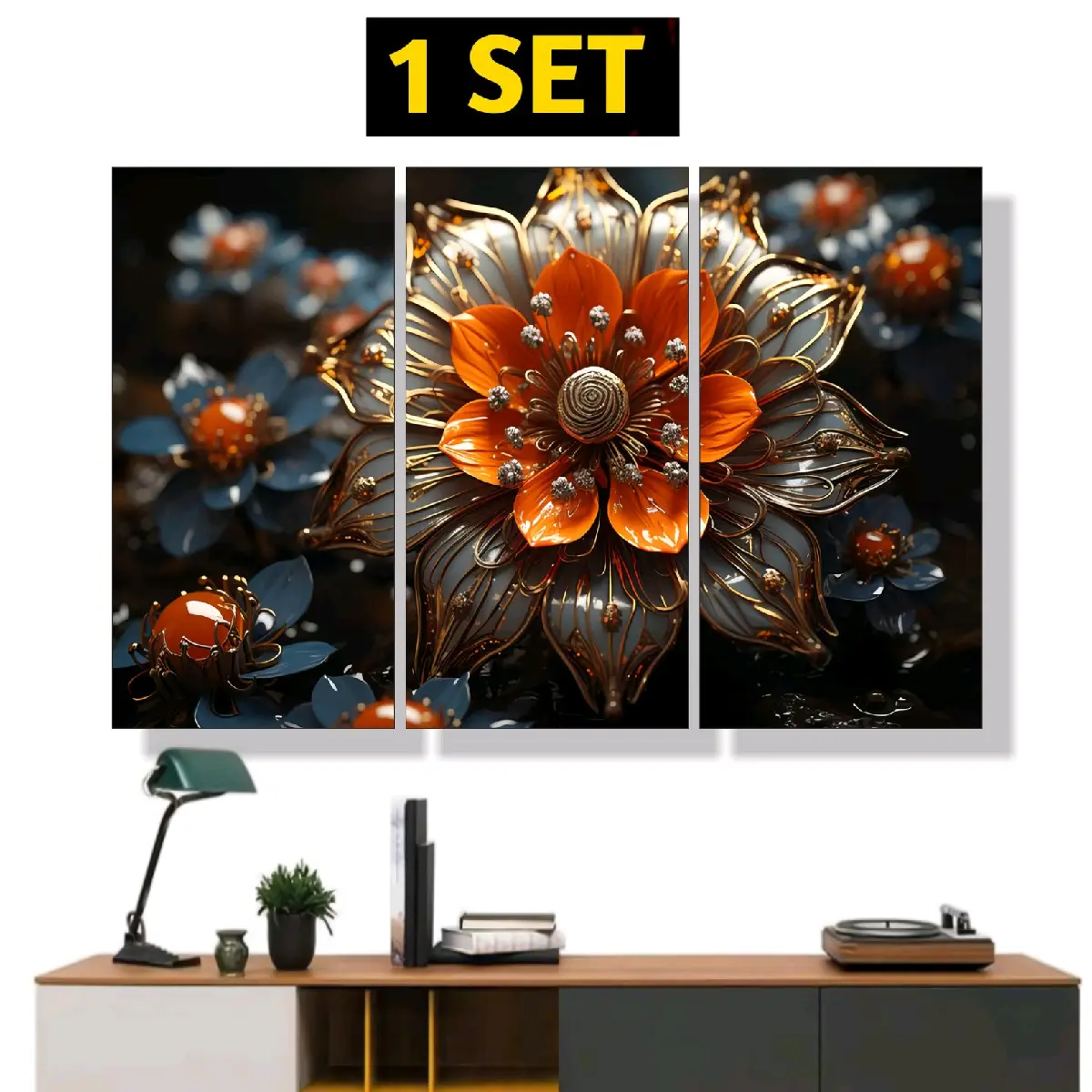 HIASAN DINDING MOTIF BUNGA 3 DIMENSI 1 SET ISI 3 PANEL SIAP LANGSUNG DI TEMPEL DI DINDING