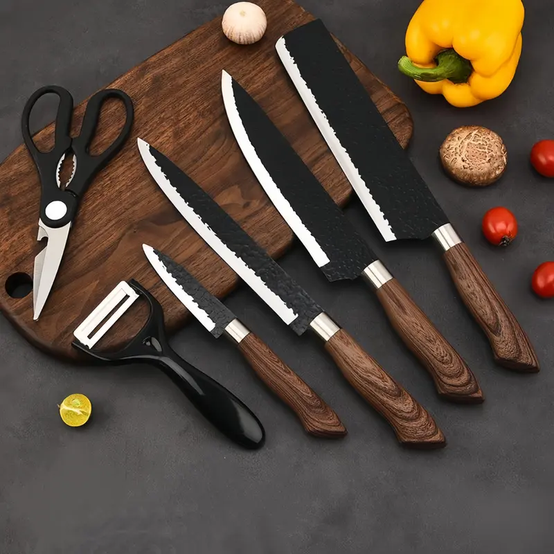 Pisau Dapur Set Tajam Kitchen Knife Set Black Knife Diamond Set 6in1 Pisau Dapur Set isi 6 pcs WoodenHolder Kitchen Knife Set Kitchenware 1