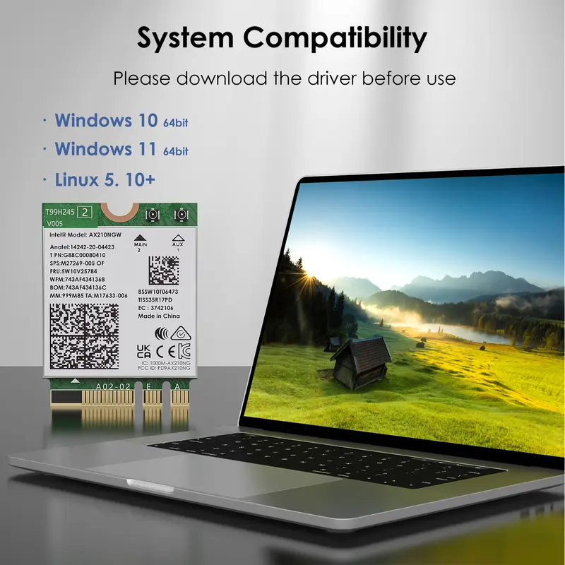 WAVLINK Kartu Nirkabel  WiFi 6E, Adaptor Jaringan Intel AX210 Tri-Band 5400Mbps 2.4GHz / 5GHz / 6GHz dengan Bluetooth 5.3 untuk Laptop, Latensi Sangat Rendah, Mendukung Windows 10 / 11 (64bit) M.2 / NGFF 6