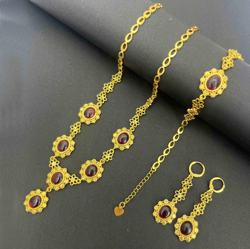 Product Introduction of Dubai Bridal 18k Gold Plated Jewelry Set Fashion Ruby Resin Wedding Necklace Bracelet And Earrings Jewelry Set For Women 11