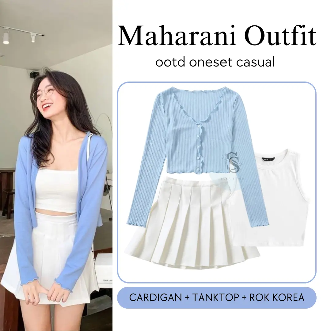 Ootd Korean Style [Cardigan Waffle, Tanktop, Rok Mini Korea] Maharani Outfit SS55