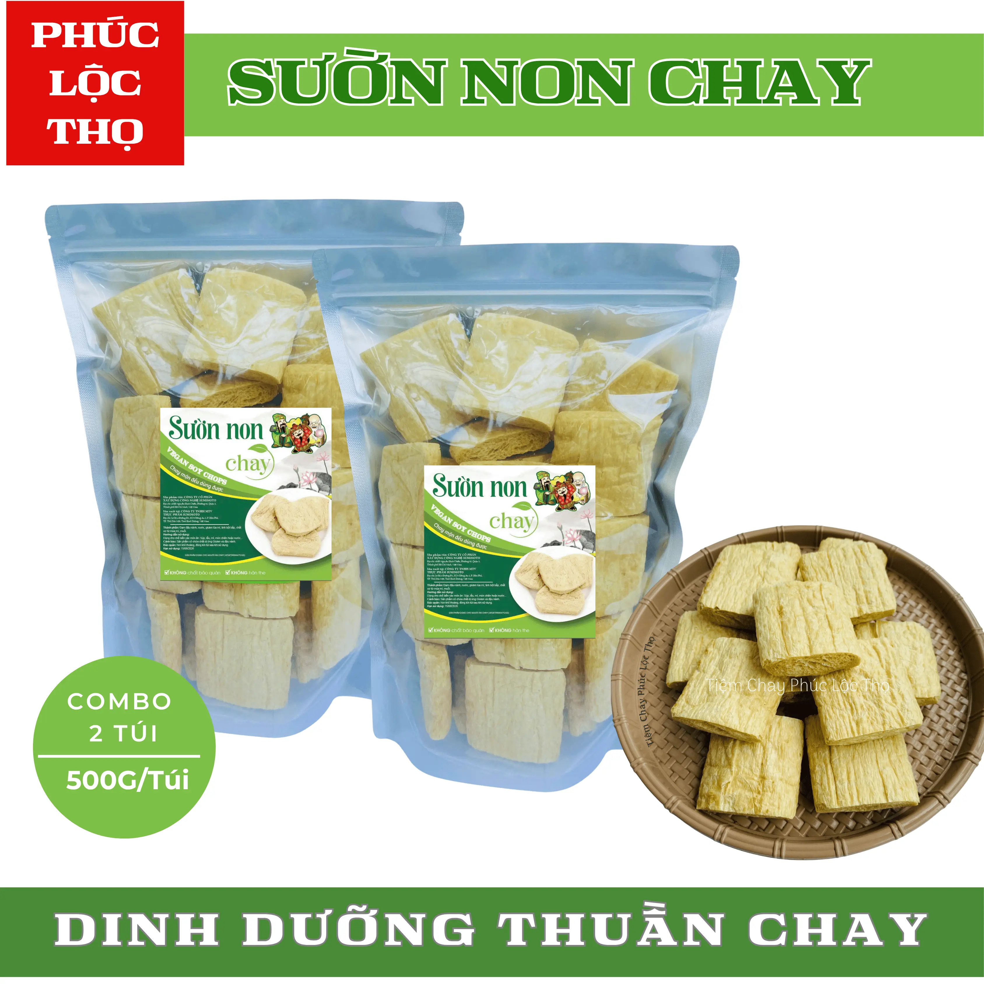 1Kg (2 Túi) Sườn non chay Phúc Lộc Thọ sản xuất theo công nghệ Nhật Bản- Loại Đặc Biệt Vegan Food thực phẩm chay khô