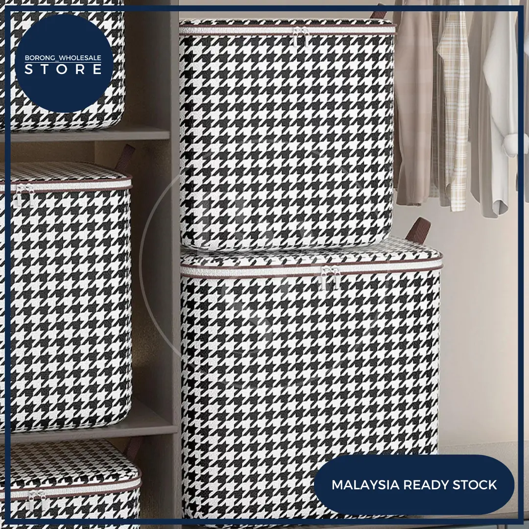 3pcs 100L Fabric Storage Boxes with Lids Houndstooth Clothes Quilt Bins Container Organizers with Handle Bekas Simpanan Baju Bakul Baju