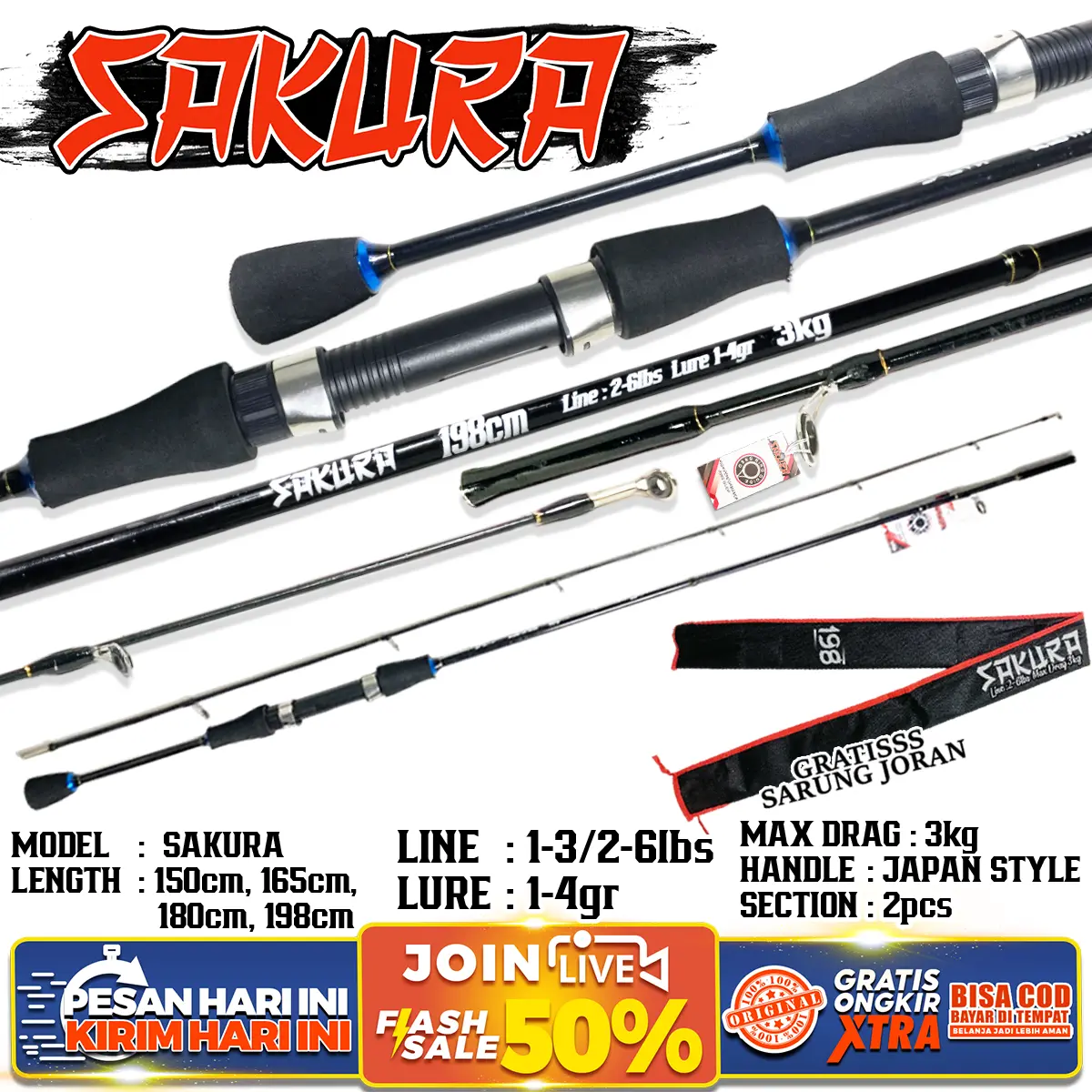 Joran Ultralight Sakura Fiber Solid dengan Max Drag 3kg dan Sambung 2