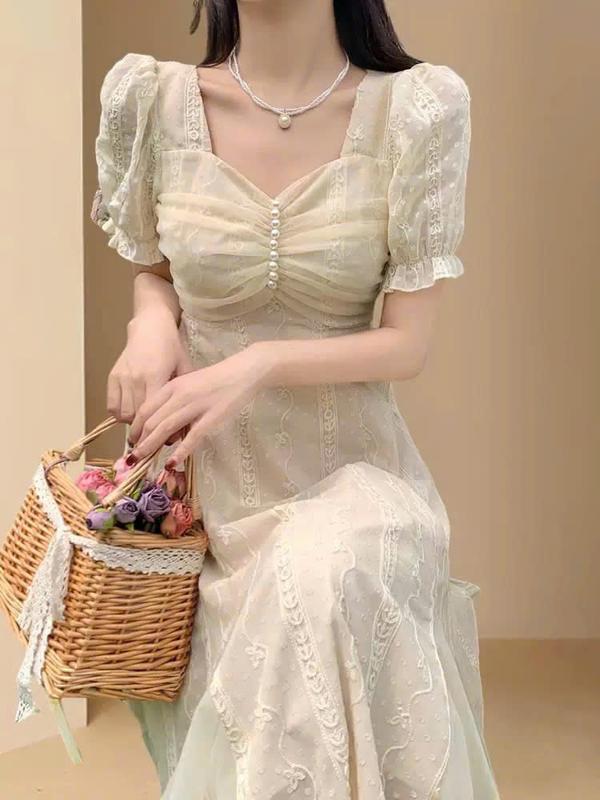 Đầm ren Midi tay phồng đính ngọc phong cách tiểu thư dịu dàng - EVA dress 1