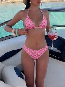Conjunto de bikini halter sexy, traje de baño sin espalda con tiras para atar, parte inferior triangular de cintura baja, secado rápido con estampado integral, ropa de baño para fiestas en la playa en verano