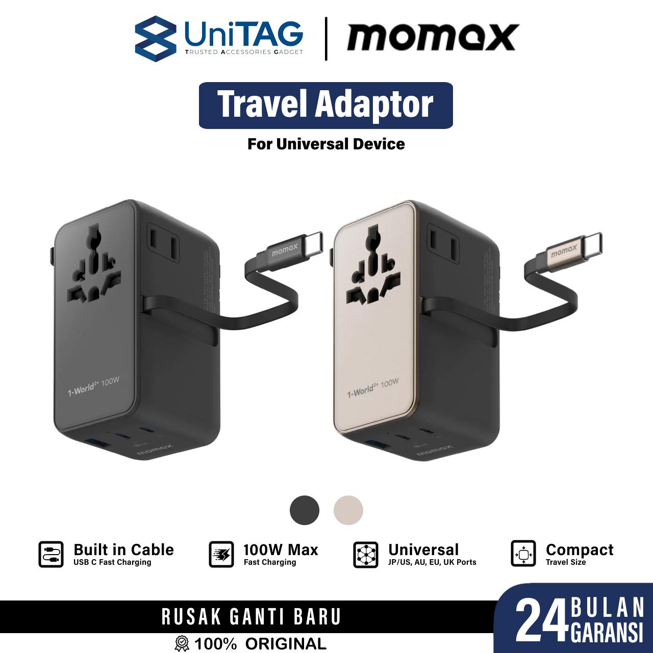 Momax Travel Adaptor 1-World2+ Mini Universal 4-Port 1A 2C + Built-in USB C (with Dual AC) PD QC GaN 100W - Black UA25D