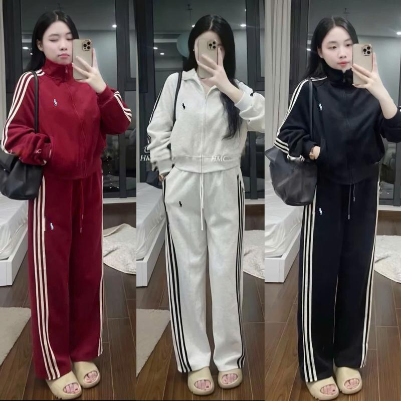 [Thêu] Set Bộ Nỉ 2 Da Chạy Sọc Nổi Áo Khoác Cao Cổ Thêu Mix Quần Suông Dài Cạp Chun Có Túi Phong Cách Thanh Lịch Nhẹ Nhàng Dễ Mặc Dễ Mix