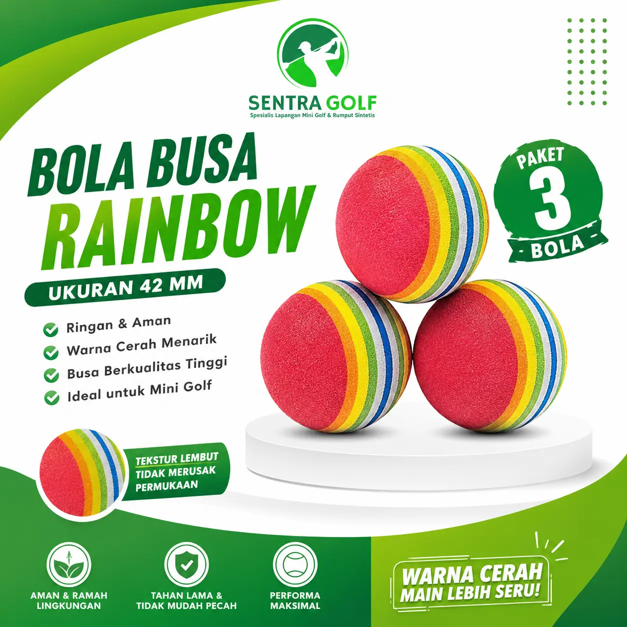 Bola Busa Rainbow 42 mm Merah Isi 3 PCS | Soft Foam Ball Mini Golf Latihan Golf Indoor Outdoor | Sentra Golf