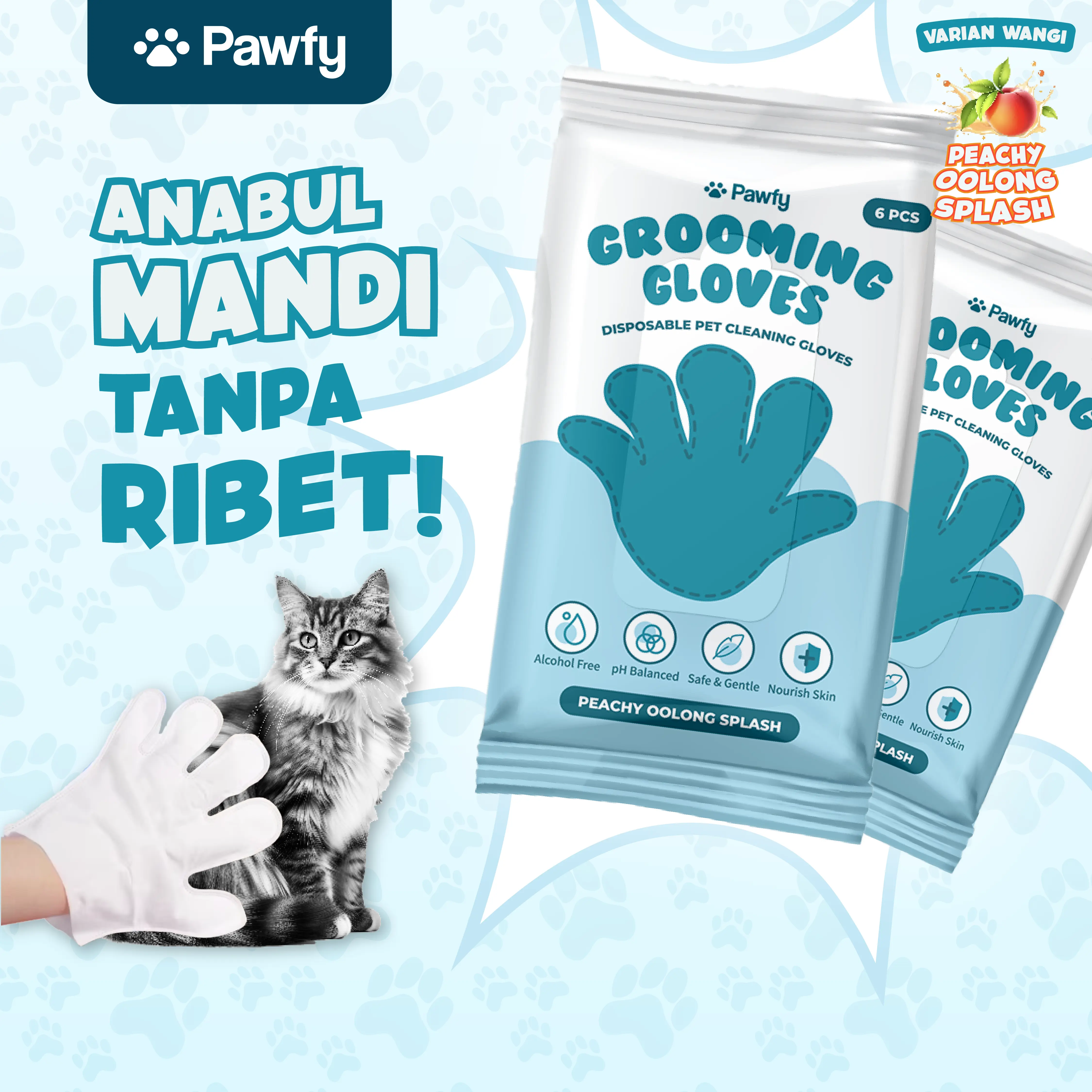 PAWFY Pet Wet Gloves Isi 6 pcs Sarung Tangan Mandi Kucing Anjing Tisu Basah Pet Grooming Gloves